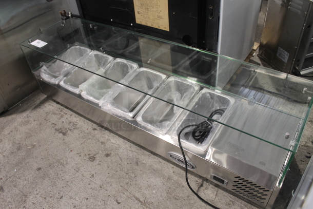 BRAND NEW SCRATCH AND DENT! KoolMore SCDC-6P-SG Stainless Steel Commercial Countertop Refrigerated Rail w/ 6 Drop In Bins and Glass Sneeze Guard. 115 Volts, 1 Phase. Tested and Working! - Image 3 of 6