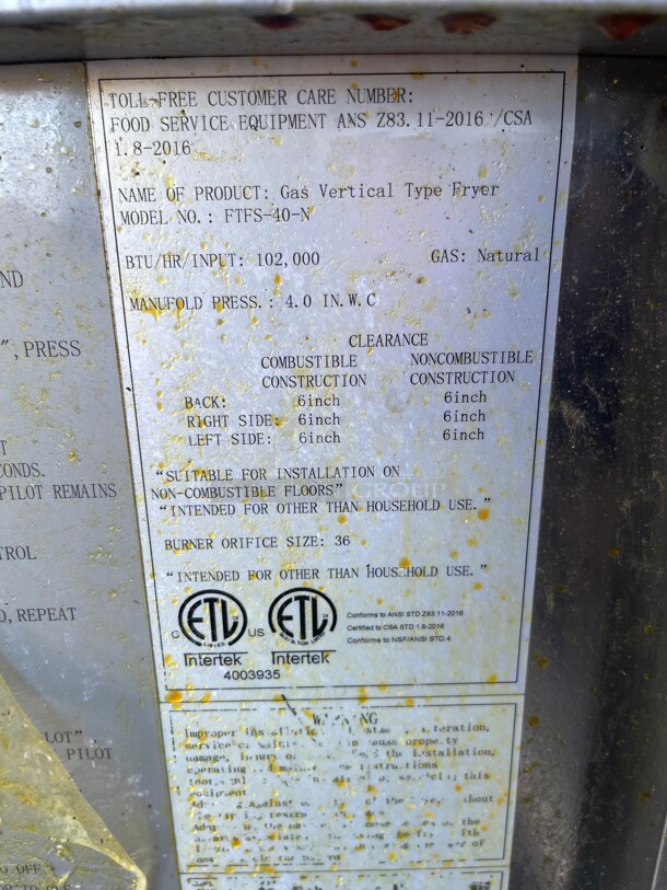 Clean! FRIDGCON FTFS-40 40 LBS Commercial FLOOR FRYER - GAS 102,000 BTU NSF Natural Gas Tested and Workng! - Image 4 of 8