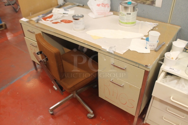 Tan 4 Drawer Desk w/ Contents and Office Chair. - Image 3 of 6