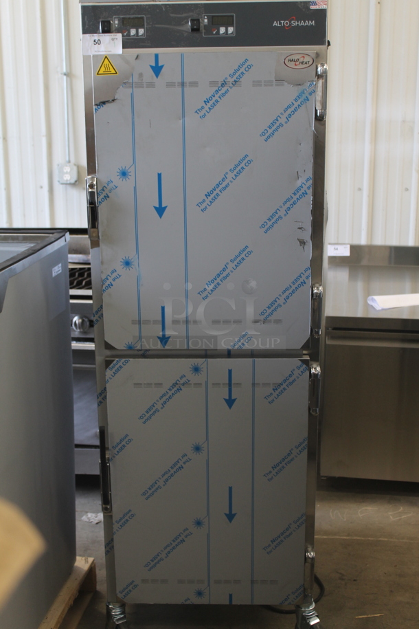 BRAND NEW SCRATCH AND DENT! 2023 Alto Shaam 1200-UP Stainless Steel Commercial 2 Half Size Door Warming Cabinet on Commercial Casters. Stock Picture Used as Gallery. 120 Volts, 1 Phase. Cannot Test Due To Cut Power Cord - Image 5 of 6