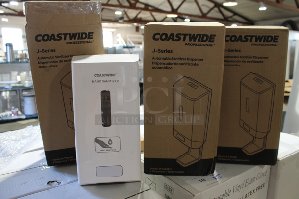 3 BRAND NEW IN BOX! Coastwide J Series White Automatic Sanitizer Dispensers. 3 Times Your Bid!