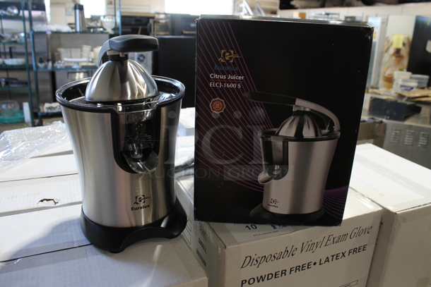 2 BRAND NEW IN BOX! Eurolux ELCJ-1600 S Stainless Steel Countertop Citrus Juicer. 2 Times Your Bid!