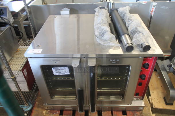 BRAND NEW SCRATCH AND DENT! CPG 351FEC100E Cooking Performance Group Commercial Stainless Steel Electric Convection Oven With Steel Racks. Missing 1 Leg. 220-240V, 3 Phase. 