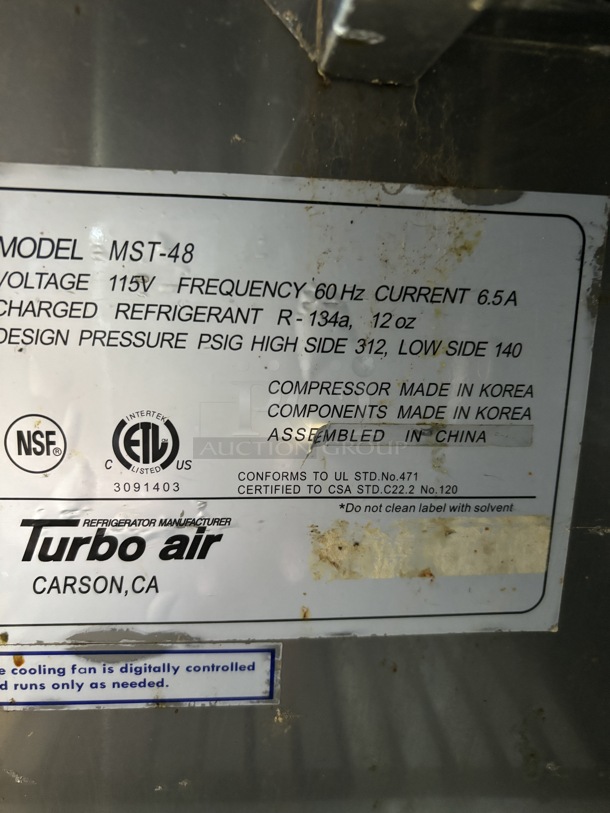Turbo Air 48" 2 Dr. Refrigerated Prep Table, 115V, Tested & Working! - Image 2 of 4