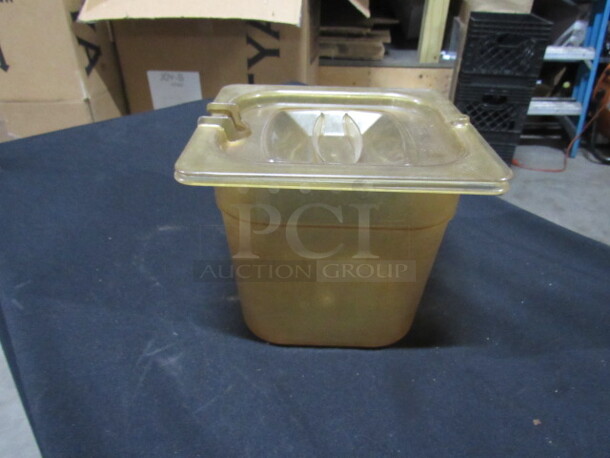 1/6 Size 6 Inch Deep Amber Food Storage Container With Lid. 2XBID