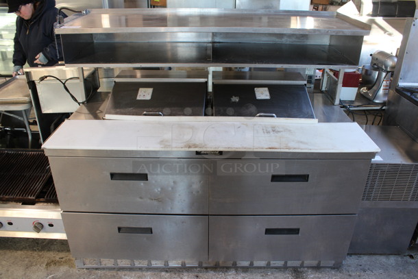 Delfield Stainless Steel Commercial Sandwich Salad Prep Table Bain Marie Mega Top w/ 4 Drawers and Over Shelf. 115 Volts, 1 Phase. 64x36.5x56. Tested and Working!