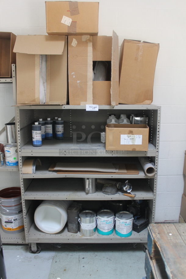 Gray Metal 5 Tier Shelving Unit w/ Contents Including Blue Magic Catalyst on Commercial Casters. - Image 1 of 7