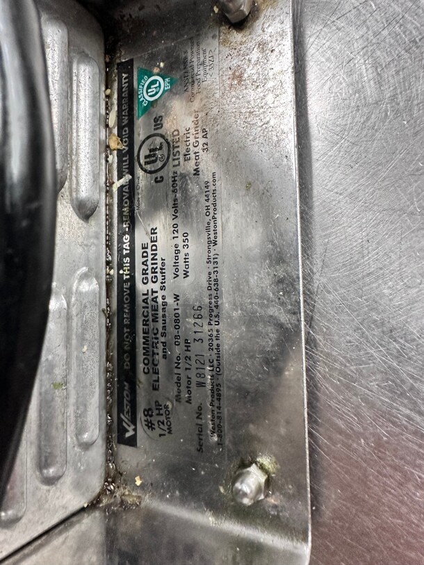 Working! Weston 8 1/2 Hp Stainless Steel Pro-Series Electric Heavy Duty Meat Grinder, Model# 08-0801-W 115 Volt Tested and Working! - Image 7 of 8