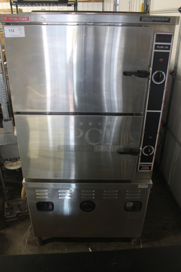 Market Forge M36G3004SP Commercial Stainless Steel Natural Gas 2 Compartment Convection Steamer With Steel Racks On Galvanized Legs. BTU 300,000. 