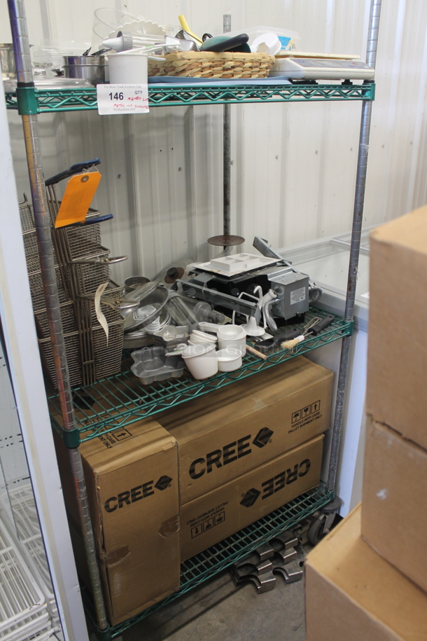 ALL ONE MONEY! Lot of Measuring Cups, Whicker Basket, Funnel, Globe Food Scale, Glass Lids, Rubbermaid Egg Holder, Mixer Paddle And Dough Hook, Fryer Baskets, Peeler, CREE Boxes AND MORE! DOES NOT INCLUDE METRO SHELF. - Item #1058094