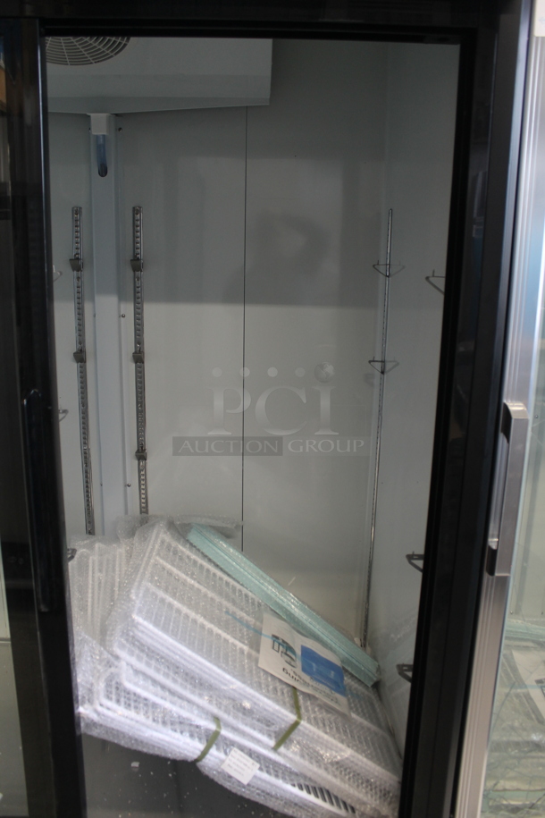 BRAND NEW SCRATCH AND DENT! 2023 Avantco 178GDS47HCB Metal Commercial 2 Door Reach In Cooler Merchandiser w/ Poly Coated Racks on Commercial Casters. 115 Volts, 1 Phase. Tested and Working! - Image 4 of 7