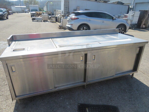 One Stainless Steel Work Station With 4 Sliding Doors, Drain And Under Storage. 96X34X38 - Image 1 of 2