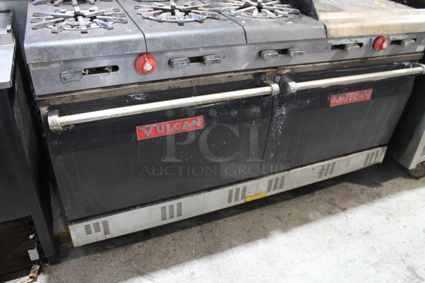 Vulcan 60FL77R Metal Commercial Natural Gas Powered 6 Burner Range w/ Right Side Flat Top Griddle, 2 Ovens, Over Shelf and Back Splash. - Image 4 of 8