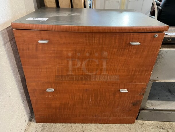 Wood Pattern 2 Drawer Filing Cabinet w/ Contents. 29x21x29
