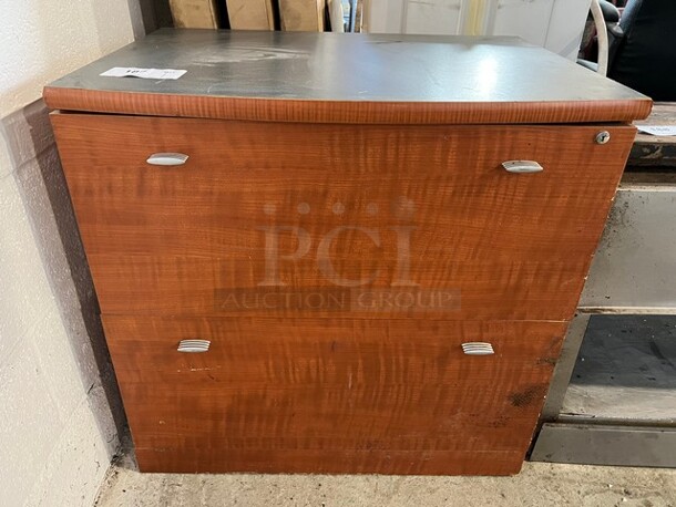 Wood Pattern 2 Drawer Filing Cabinet w/ Contents. 29x21x29 - Image 1 of 4