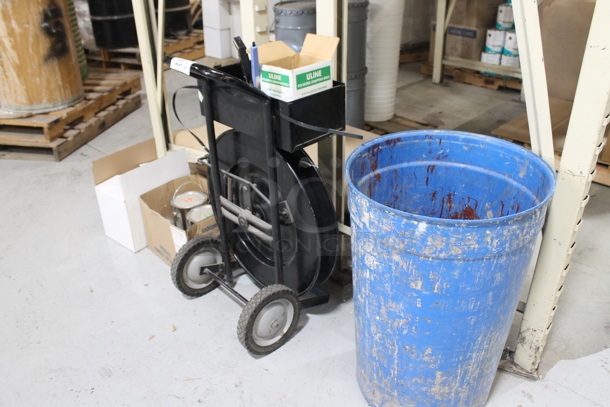 ALL ONE MONEY! Lot of Black Metal Pallet Strap Reel, Blue Barrel and Boxes w/ Tins.  - Image 2 of 8