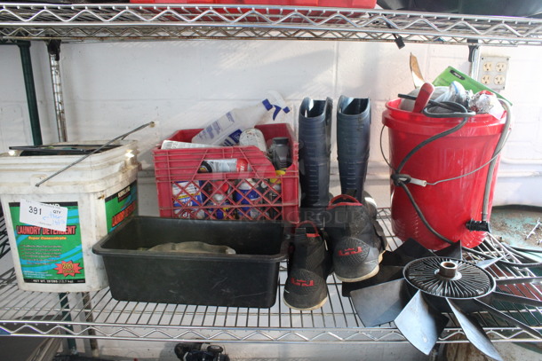 ALL ONE MONEY! Lot of Various Items Including Rubber Boots, Sneakers, Red Bucket, Laundry Detergent Bucket and Fan Blade!
