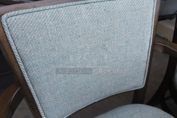 6 Wooden Dining Height Chairs w/ Arm Rests and Blue Seat Cushion. 6 Times Your Bid! - Image 3 of 4