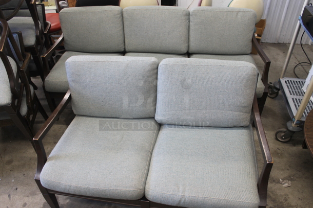 2 Wooden Dining Height Chairs / Benches w/ Arm Rests and Blue Seat Cushion. Two Person and Three Person. 46x30.5x27.5, 63x29x30.5. 2 Times Your Bid! - Image 1 of 5