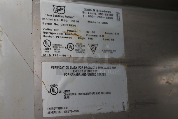 Duke RBC-60M Stainless Steel Commercial 2 Door Work Top Cooler w/ Back Splash. 120 Volts, 1 Phase. Tested and Working! - Image 4 of 5