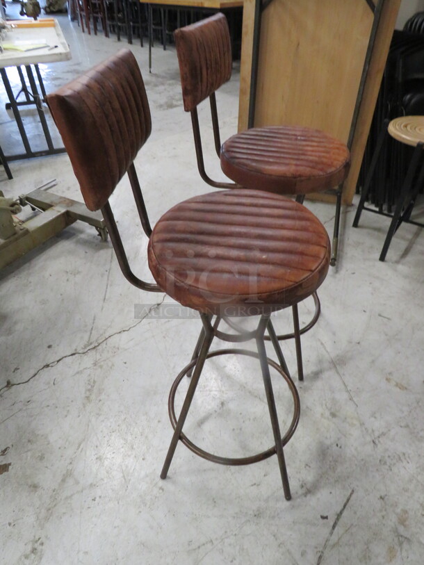 Vintage Metal Bar Stool With Well Worn Leather Look Cushioned Seat And Back And Footrest. 2XBID - Image 3 of 3