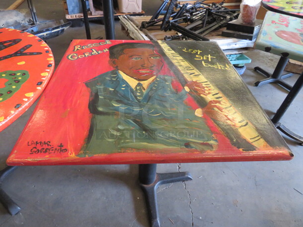 One 30X30X30 Hand Painted Table On A Pedestal Base. Broken Base See Pic.