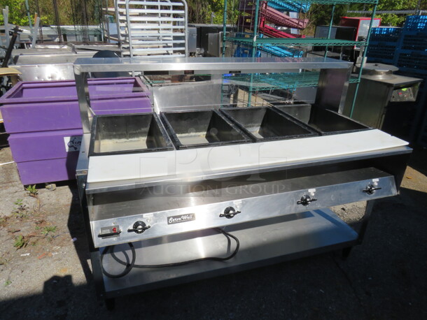 One Serve Well 4 Well Steam Table With Under Shelf, Over Shelf, And Cutting Board. Model# 38104. 120 Volt. 61X33X47.5. $2323.40. - Image 2 of 2