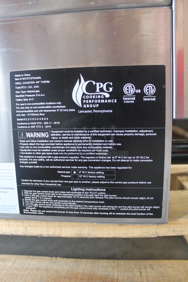 BRAND NEW SCRATCH AND DENT! Cooking Performance Group 351GTCPG48NL Stainless Steel Commercial Countertop Natural Gas Powered 48" Gas Countertop Griddle with Flame Failure Protection and Thermostatic Controls. 120,000 BTU. - Image 6 of 6