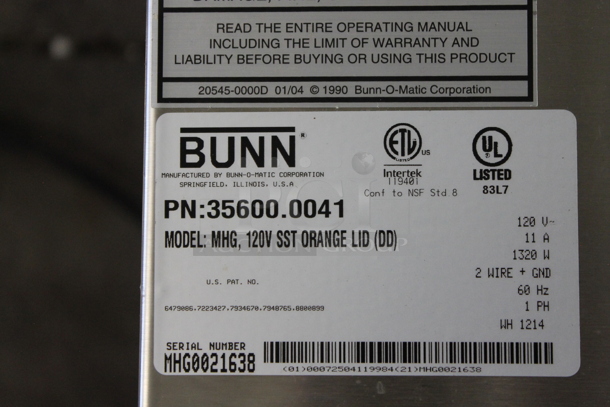 2014 Bunn MHG Stainless Steel Commercial Countertop 2 Hopper Coffee Bean Grinder. 120 Volts, 1 Phase. Tested and Working! - Image 5 of 5