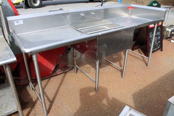 Stainless Steel Commercial Single Bay Sink w/ Dual Drainboards and Straining Insert. 90x30x44. Bays 26.5x26.5x5. Drainboards 28x27x2