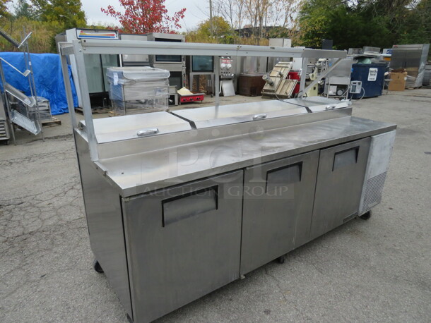 One True 3 Door Prep Table With Over shelf And 2 Ticket Rails, 2 Racks, On Casters. Model# TPP-93. 115 Volt. 93X33X59.5. Not Working - Image 2 of 4