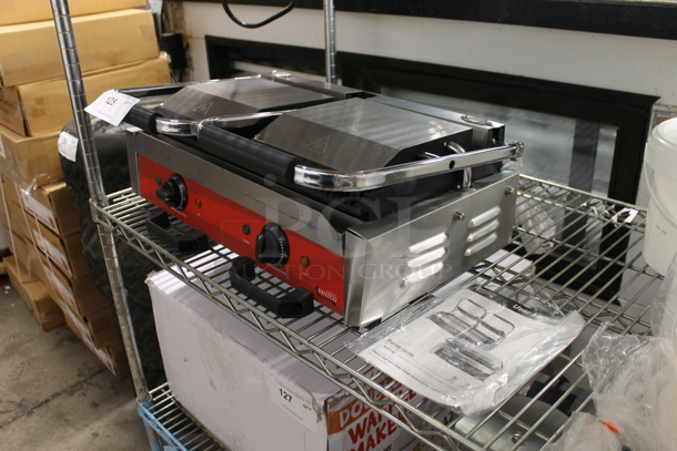 BRAND NEW SCRATCH AND DENT! 2022 Avantco 177P84 Stainless Steel Commercial Countertop Electric Powered Double Panini Press. 120 Volts, 1 Phase. Tested and Working! - Image 2 of 6