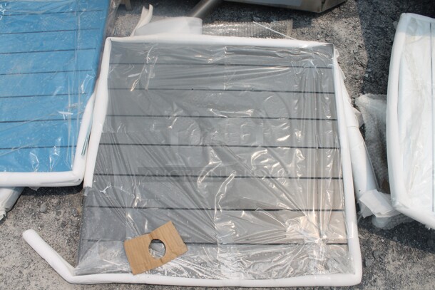 6 Outdoor Synthetic Teak Style Table Tops In White, Red, Gray, Blue With X-Shape Table Base. 6 Times Your Bid!  - Image 8 of 11