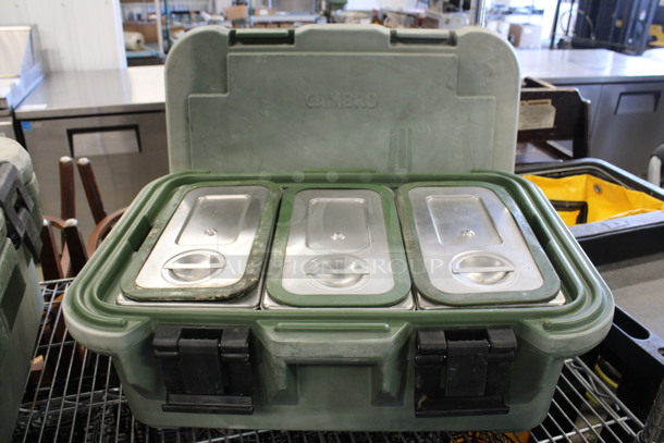 Cambro Model UPCS160 Green Poly Insulated Food Carrying Case w/ 3 Stainless Steel 1/3 Size Drop In Bins and Lids. 24x17x12