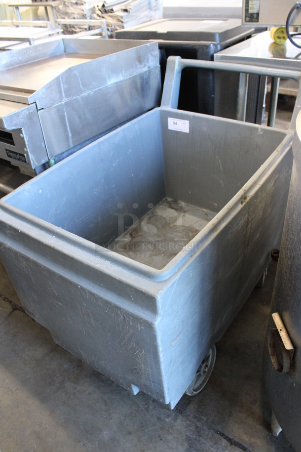 Gray Poly Bin w/ Push Handle on Commercial Casters. 25x40x36