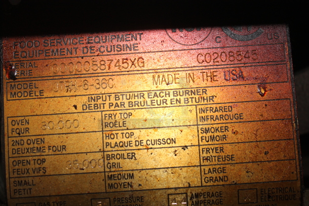 Jade Range JTHR-6-36C Stainless Steel Commercial Natural Gas Powered 6 Burner Range w/ Convection Oven, 2 Tier Over Shelf and Back Splash on Commercial Casters. 35,000 BTU. - Image 7 of 9