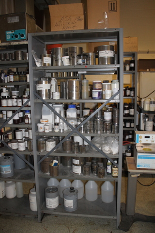 Gray Metal Shelving Unit w/ Contents Including Chemicals. BUYER MUST REMOVE.