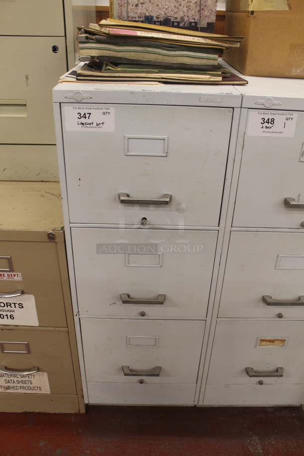 Globe Werner White Metal 3 Drawer Filing Cabinet w/ Contents. BUYER MUST REMOVE. - Image 1 of 7