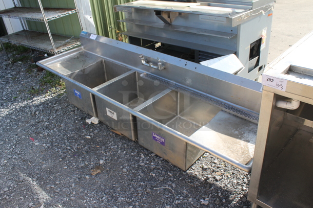 Stainless Steel Commercial 3 Bay Sink w/ Dual Drain Boards and Handles. No Legs. - Image 2 of 4