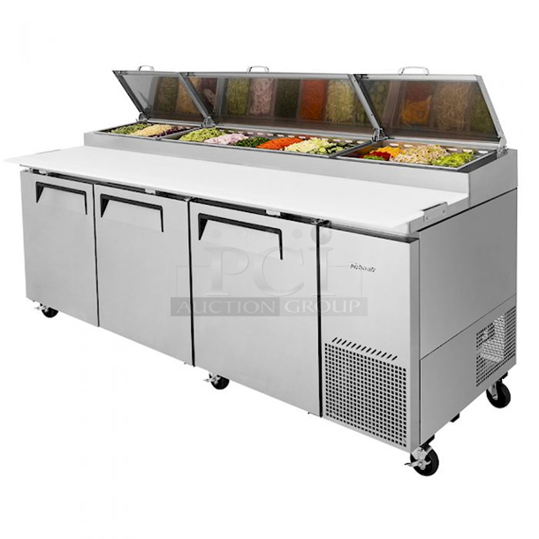 Still Under Warranty!! Turbo Air TPR-93SD-N 93" Super Deluxe Pizza Prep Table w/ Refrigerated Base. On Commercial Casters. R-290 Hydrocarbon Refrigerant. 115V 93-3/8"x32-1/4"x 36" LIKE NEW! In Perfect Working Order! Includes Receipts and Paper Work. 
*Located In Bakersfield, CA.*
*Shipping Available*  - Image 1 of 4