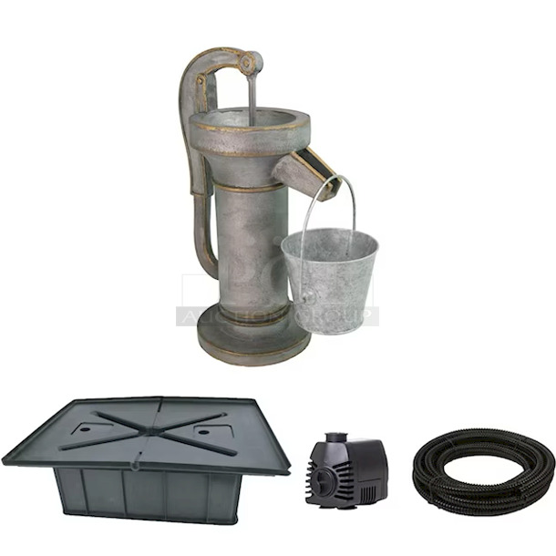 Gardenique 20.39-in H Resin Fountain Statue Outdoor Fountain Pump Included. The fountain topper dimensions are 11-in x 7-in x 17-in
The bucket dimensions with handle are 5.6-in x 5.2-in x 7.7-in
The basin dimensions are 26.9-in x 20.7-in x 9.5-in
The basin holds up to 8 gallons of water - Image 2 of 5