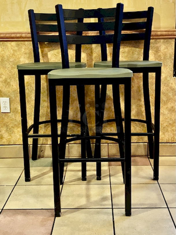 PRISTINE CONDITION! Pair of Plymold Quest Ladderback Steel Barstools with Composite Seat.

Overall Product Height	43"
Overall Product Depth	18"
Overall Product Width	16.25"
Seat Height	30"
Seat Depth	15.75"
Seat Width	16.375"

3x Your Bid - Image 4 of 6