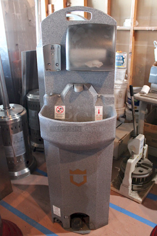 PERFECT! PolyJohn 15.5 Gallon Mobile Sink On  Heavy Duty Casters! Hands Free, Foot Pedal Activated. 18" x 20" x 62"
Unit Can Accommodate: Fresh Water Tank Capacity: 15.5 gallons, Waste Water Tank Capacity: 19 gallons, Soap Dispenser Capacity: 30 oz., Includes Paper Towel Dispenser. 