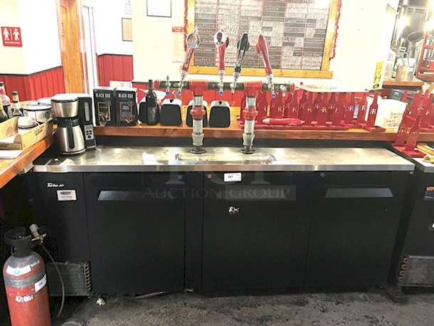 OUTSTANDING! Turbo Air TBD-4SB Super Deluxe Beer Dispenser- TESTED: In Perfect Working Order - (3) Swing Doors, Stainless Steel Countertop, Interior Floor and Walls, Galvanized Steel Interior Top, Black Laminated Exterior, (4) 1/2 Barrel Capacity, (2) 3″ Dia. Industrial Beer Columns With (6) Faucets/Taps. 90-1/4″W x 27-1/4″D x 37-1/8″H.  - Image 3 of 4
