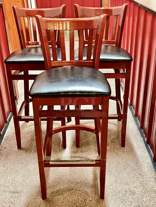 HIGH QUALITY! Lancaster Table & Seating Mahogany Ladder Back Bar Height Chair with Black Padded Seat & Foot Rest. 17x17x24 3x Your Bid Width
