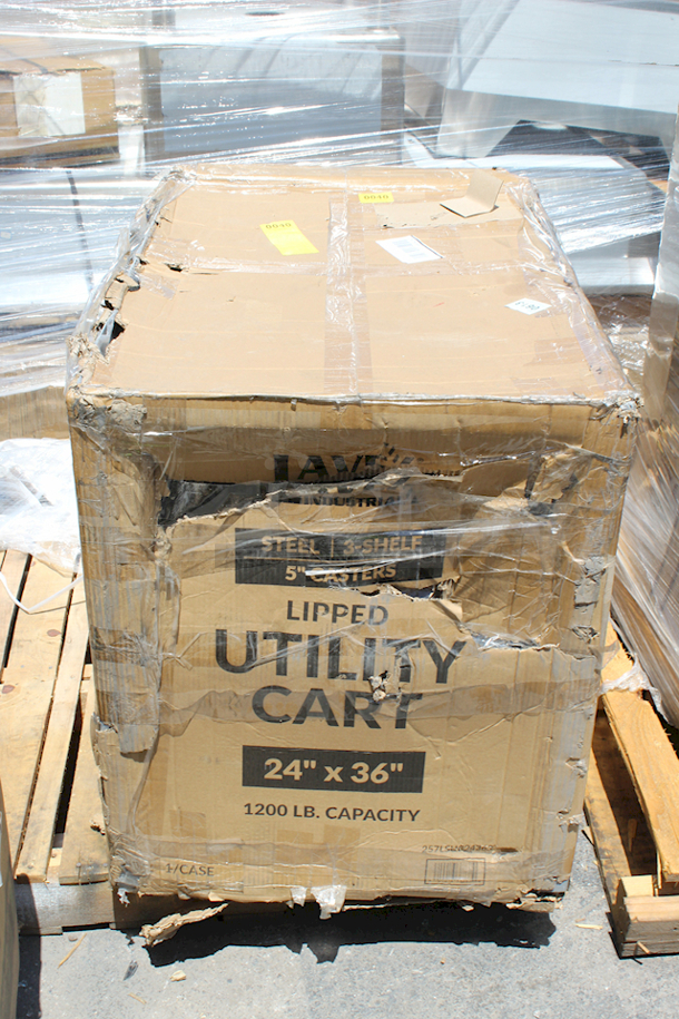 BRAND NEW SCRATCH & DENT! Lavex 257LSUC24363 Steel Three Tray Shelf Utility Cart - Fully Welded. 36" x 24" x 35". In Original Packaging. Box is damaged. Item has some denting. See photos.  - Image 3 of 5