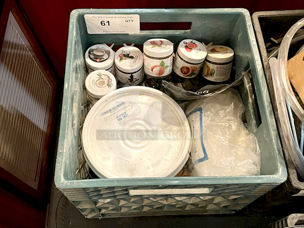BREWER'S MONSTER LOT: 
Amoretti 2 FL OZ (60 ml) Extracts: Ginger W.S. EXTRACT #522, Chocolate "Crème de Cacao" W.S. Extract #72, Natural Habanero Hot Pepper W.S. Extract 689,  Juniper Berry Terpeneless O.S. Extract #663, Natural Roasted Peanut W.S. Extract #1356, Italian Hazelnut Liqueur Type
W.S. Extract #503, Natural Pumpkin Pie Sauce W.S. Extract 1285, Organolicious
Premium Blue Agave Nectar Amber 
Amoretti 4fl Oz: Cherry Marbleizing Swirl #SW12-V1, Pineapple Marbleizing Swirl #SW16, Mojito Marbleizing Swirl #SW27, Hazelnut Compound #336, Passion Fruit ARTISAN #ART1-NS, Red Sour Cherry COMPOUND #302-V1, Irish Coffee
COMPOUND #3087, Pineapple COMPOUND #301, Marshmallow W.S. EXTRACT #1010, Chai "Tea" COMPOUND #399, Lychee COMPOUND #384, Wine Blossom COMPOUND #3036, Pineapple ARTISAN #ART10, Coconut
SWIRL #SW17, Blood Orange SWIRL #SW383-VI, 
McCormick Coconut Extract
Beer Craft: Black Crown Caps, Calcium Carbonate, Gypsum x2, 
Pure: Calcium Sulfate Dihydrate Gypsum
Citric Acid & Calcium Chloride - Image 11 of 11