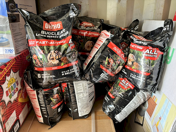 HUGE LOT!! ORTHO 10-lb BugClear Lawn Insect Killer, 6 Month Control. Kill all listed bugs, including ants, ticks, sod webworms, fleas, and spiders - Fast-acting, kills above and below the ground, and creates a barrier to keep bugs from coming inside. 12x Your Bid - Image 1 of 2