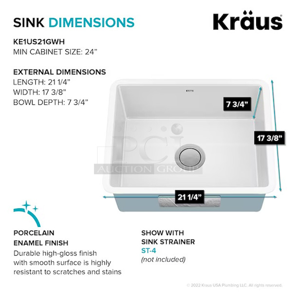 KRAUS Pintura 21" Porcelain Enameled Steel
Undermount Single Bow Kitchen Sink in Gloss White. 21-1/4 inch L x 17-3/8 inch W x 7-3/4 inch D  - Image 3 of 5