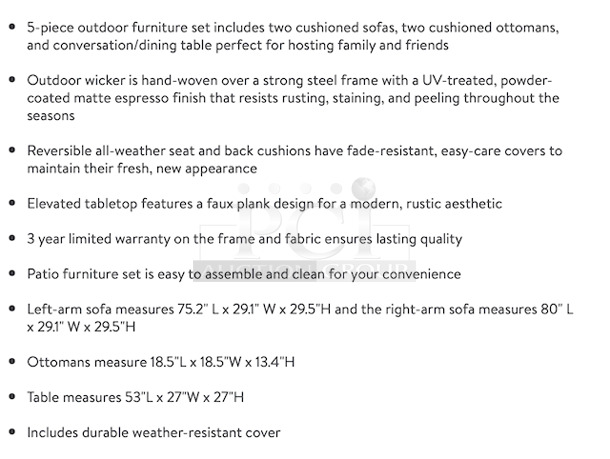 IN THE BOX! Better Homes & Gardens Brookbury 5-Piece Patio Wicker Sectional Set. Includes: (2) cushioned sofas, (2) cushioned ottomans, and (1) conversation/dining table  - Image 4 of 12